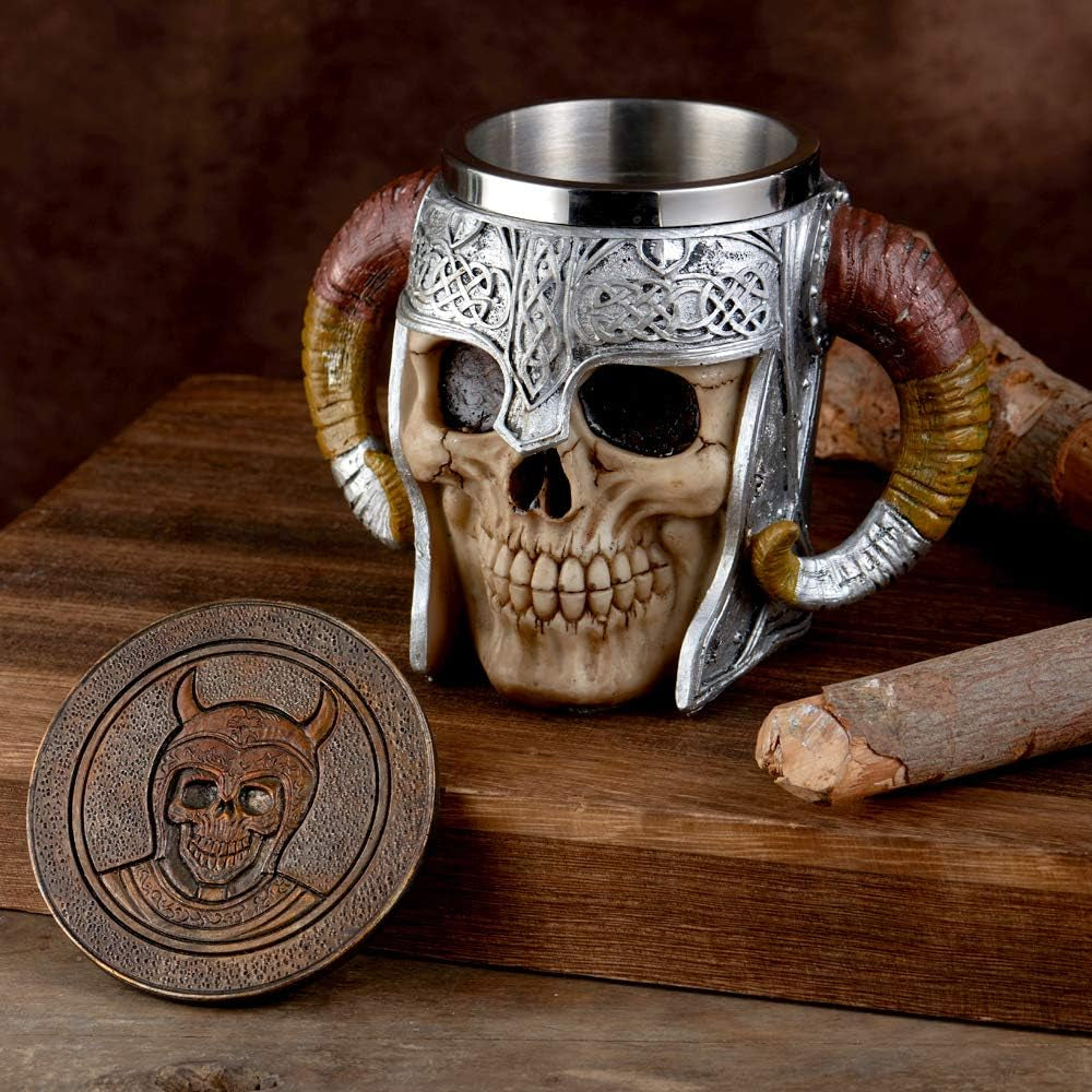 Stainless Steel Viking Skull Mug+Coaster,Double Handle Horn Skull Beer Mug Tankard, Medieval Drinkware Mug for Coffee/Beverage/Juice17Oz.