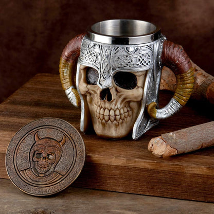 Stainless Steel Viking Skull Mug+Coaster,Double Handle Horn Skull Beer Mug Tankard, Medieval Drinkware Mug for Coffee/Beverage/Juice17Oz.