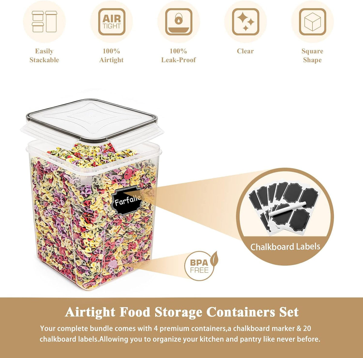 Large Food Storage Containers 5.2L /175Oz, 4 Piece BPA Free Plastic Airtight Food Storage Containers for Flour, Sugar, Baking Supplies, Kitchen & Pantry Containers with 20 Labels