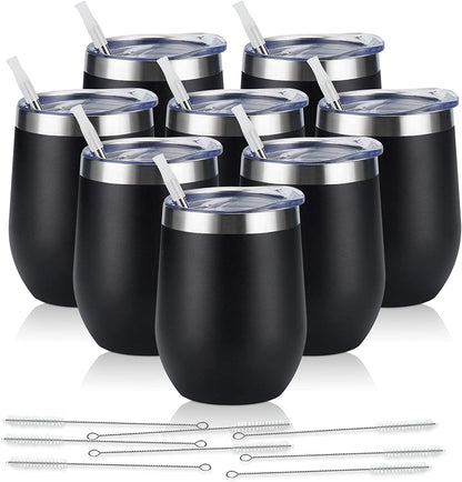 8 Pack 12Oz Stainless Steel Wine Tumblers, Insulated Wine Tumbler, Double Wall Insulated Wine Glass, Stainless Steel Stemless Wine Cups with Lids for Coffee, Wine, Cocktails, Champaign, Black