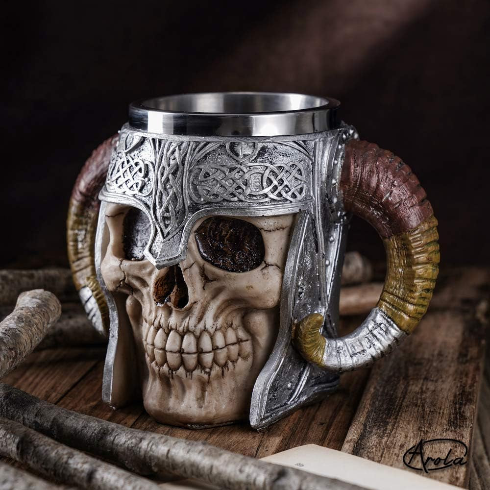 Stainless Steel Viking Skull Mug+Coaster,Double Handle Horn Skull Beer Mug Tankard, Medieval Drinkware Mug for Coffee/Beverage/Juice17Oz.