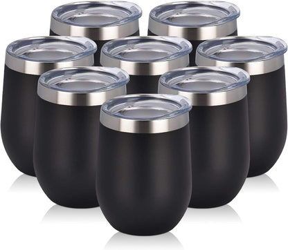 8 Pack 12Oz Stainless Steel Wine Tumblers, Insulated Wine Tumbler, Double Wall Insulated Wine Glass, Stainless Steel Stemless Wine Cups with Lids for Coffee, Wine, Cocktails, Champaign, Black