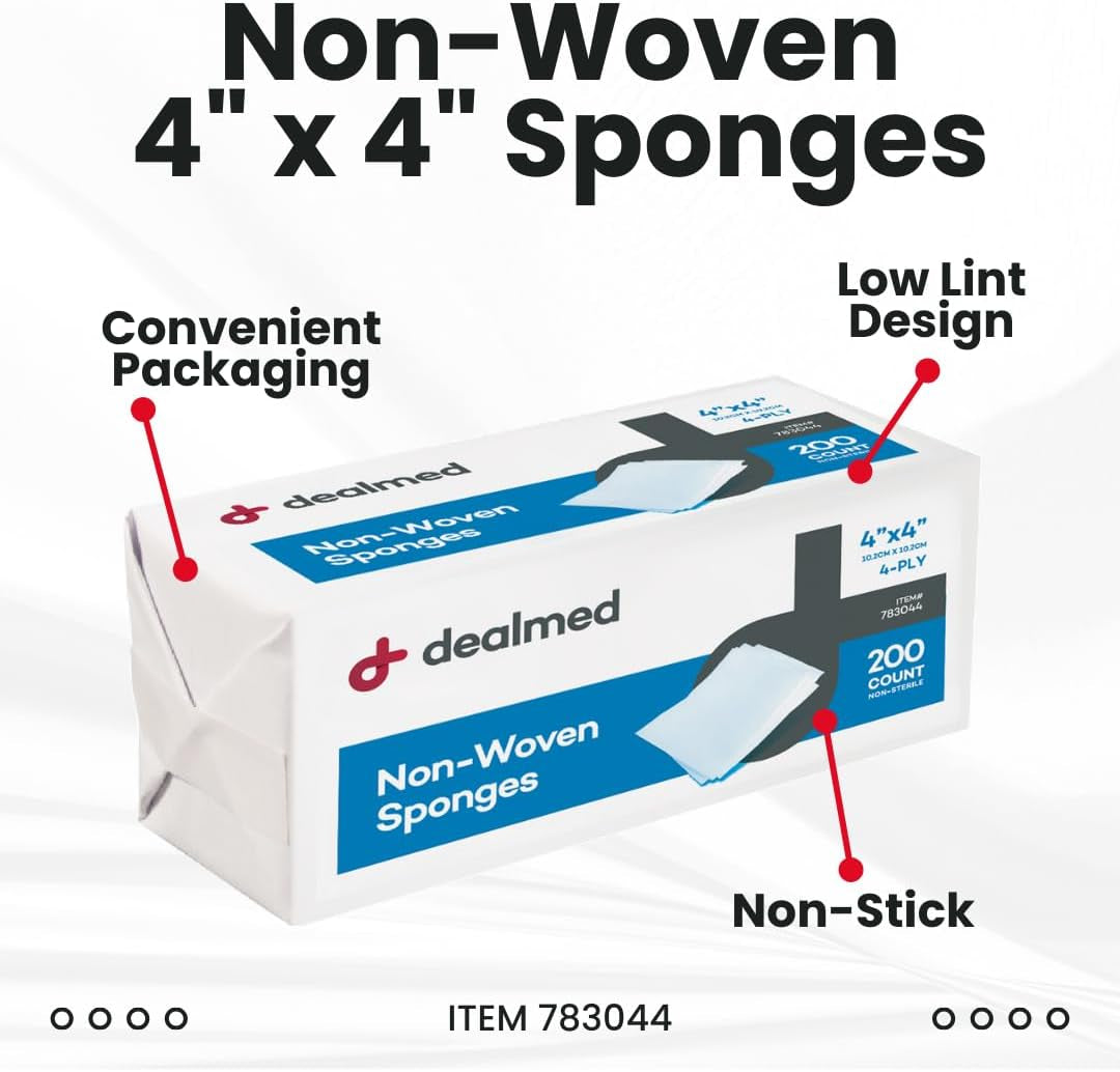 Non-Woven Gauze Sponges - 4-Ply, 4" X 4" All-Purpose Non-Sterile Absorbent Dental Gauze Wound Care for First Aid Kit/Medical Facilities, 200 Count (Pack of 1)