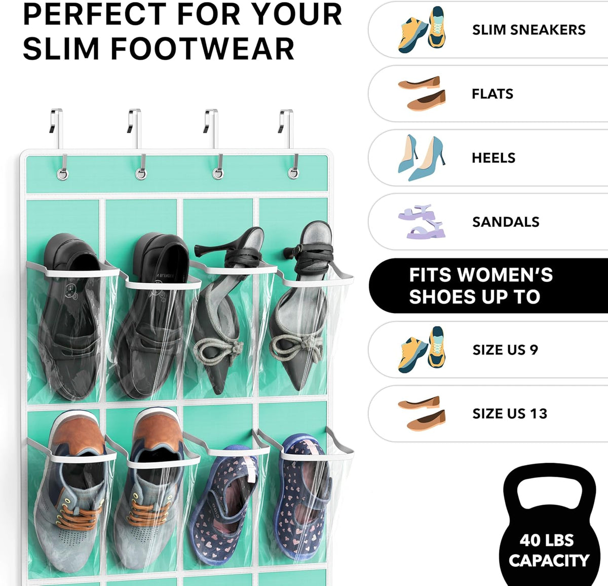 24 Pockets - Crystal Clear over the Door Hanging Shoe Organizer, Turquoise (64'' X 19'')