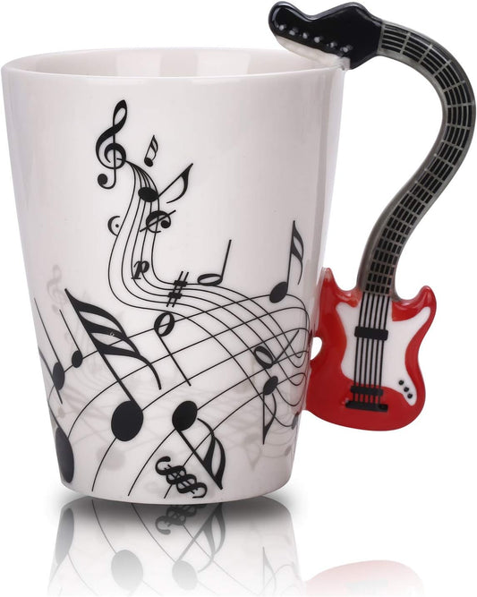 12.9 Oz Guitar Ceramic Mug - Music Note Tea Coffee Milk Cup Mug Gift for Guitar Players, Musicians, Women, Men, Friends, Teachers, Red